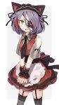  1girl animal_ears apron bare_shoulders black_hairband cat_ears commentary cowboy_shot eyebrows_visible_through_hair eyepatch fake_animal_ears fang frilled_hairband frills garter_straps hairband hayasaka_mirei heart heart_eyepatch highres idolmaster idolmaster_cinderella_girls looking_at_viewer multicolored_hair necktie open_mouth purple_hair red_hair shone short_hair short_sleeves simple_background sketch solo streaked_hair striped striped_legwear thighhighs two-tone_hair vertical-striped_legwear vertical_stripes waist_apron wrist_cuffs yellow_eyes 