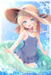  1girl blonde_hair blue_eyes blue_skirt blue_swimsuit braid cloud hat innertube looking_at_viewer miniskirt one-piece_swimsuit open_mouth original outdoors pirason short_hair skirt sky smile solo sun_hat swimsuit swimsuit_skirt wading water 