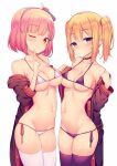  ;) bikini black_choker black_jacket blonde_hair breasts chieru_(princess_connect!) chloe_(princess_connect!) choker closed_mouth collarbone commentary_request eyebrows_visible_through_hair hairband highres jacket large_breasts looking_at_viewer medium_breasts micro_bikini navel one_eye_closed pink_hair pointy_ears princess_connect! purple_bikini purple_eyes purple_legwear red_hairband short_hair simple_background smile stomach suteba_(grzjkbhgf) swimsuit thighhighs twintails white_background white_bikini white_legwear yellow_eyes 