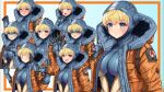  1girl afueeriru apex_legends blonde_hair blue_eyes blush breasts expressions eyebrows_visible_through_hair heart heart-shaped_pupils highres hood hood_up jacket large_breasts multiple_views open_clothes open_jacket orange_jacket scar smile standing symbol-shaped_pupils tachi-e tagme wattson_(apex_legends) 