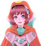 1girl blue_eyes bow brown_hair cape chiru_(sanifani) hat looking_at_viewer lowres marguerite_fatima medium_hair open_mouth orange_headwear simple_background smile solo white_background xenogears 