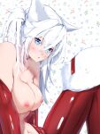  1girl animal_ears blue_eyes blush bodysuit breasts cat_ears fur_hat hat highres impossible_bodysuit impossible_clothes looking_at_viewer nipples original red_bodysuit santa_hat short_hair skin_tight solo sonaworld ushanka white_hair 