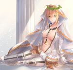  1girl absurdres ahoge belt blonde_hair bodysuit breasts bridal_veil fate/extra fate/extra_ccc fate/grand_order fate_(series) full-length_zipper green_eyes hair_intakes head_wreath highres large_breasts lock loose_belt navel nero_claudius_(bride)_(fate) nero_claudius_(fate) open_bodysuit padlock padlocked_collar solo veil white_bodysuit yagi_(yagi5art) zipper zipper_pull_tab 