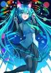  1girl :d abstract_background absurdres animal_ears aqua_eyes aqua_hair aqua_necktie bare_shoulders black_legwear black_skirt boots cat_ears collarbone commentary detached_sleeves eyebrows_visible_through_hair fake_animal_ears feet_out_of_frame hair_between_eyes hana_hebi hatsune_miku headphones highres long_hair necktie open_mouth paw_pose pleated_skirt shirt skirt sleeveless sleeveless_shirt smile solo standing tattoo teeth thigh_boots thighhighs twintails upper_teeth vocaloid white_shirt zettai_ryouiki 