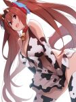  1girl animal_ears animal_print bangs bare_shoulders bell bikini blush bow breasts brown_hair cleavage collar cow_horns cow_print cowbell daiwa_scarlet_(umamusume) elbow_gloves gloves hair_bow hair_intakes hairband highres horns horse_ears horse_girl horse_tail kuronyan large_breasts long_hair looking_at_viewer miniskirt navel neck_bell open_mouth red_bow red_eyes skirt smile solo swimsuit tail thighhighs thighs twintails umamusume very_long_hair white_bikini white_gloves white_legwear white_skirt 