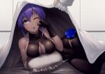  1girl 1other bangs banned_artist bare_shoulders bed bodysuit breasts cleavage collarbone dark-skinned_female dark_skin eyebrows_behind_hair eyebrows_visible_through_hair fate/grand_order fate/prototype fate_(series) flower hair_between_eyes hassan_of_serenity_(fate) holding holding_pillow indoors kyoeiki looking_at_viewer one_eye_closed pantyhose pillow purple_eyes purple_hair quilt short_hair 