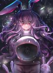  1girl 1other :o animal_ears bunny chromatic_aberration lens_flare long_hair looking_down moon_rabbit pov purple_eyes rabbit_ears red_eyes reflection reisen_udongein_inaba solo_focus space space_helmet touhou very_long_hair zukapin 