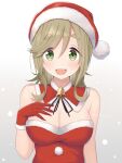  1girl bell blush breasts brown_hair christmas cleavage eyebrows_visible_through_hair gloves gradient gradient_background green_eyes hair_between_eyes hat highres inuyama_aoi large_breasts long_hair nekosination open_mouth pom_pom_(clothes) red_gloves red_headwear reward_available santa_costume santa_hat smile solo thick_eyebrows upper_body yurucamp 
