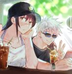  1boy 1girl bangs black_hair black_headwear black_shirt blue_eyes cellphone closed_mouth cup drink drinking_straw gojou_satoru hair_between_eyes hat head_rest highres holding holding_phone iori_utahime jujutsu_kaisen long_hair looking_at_viewer phone scar scar_on_face shirt short_hair short_sleeves smartwatch smile sunglasses suvin_(mononochi) upper_body v watch white_hair white_shirt wristwatch 