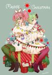  2girls beige_sweater blue_eyes bound breasts brown_footwear cero_(cerocero) christmas_stocking doll flat_chest freyja_wion gift green_hair green_legwear hair_behind_ear hairband head_tilt high_heels highres kaname_buccaneer macross macross_delta makina_nakajima medium_breasts medium_hair merry_christmas mikumo_guynemer mirage_farina_jenius multiple_girls pantyhose pink_eyes pink_footwear pink_hairband pink_legwear pointy_ears reina_prowler short_hair smile tied_up_(nonsexual) twintails 