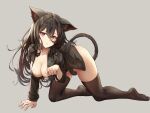  1girl absurdres all_fours animal_ears ass bangs black_hair blush bneoul breasts cat_ears cleavage collared_shirt frown full_body hair_between_eyes highres large_breasts long_hair looking_at_viewer original partially_unbuttoned red_eyes shirt solo tail thighs 