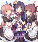  3girls apron asano_hazuki bangs birthday birthday_cake blue_eyes blue_hair blush breasts cake closed_mouth coat crown eyebrows_behind_hair eyebrows_visible_through_hair food hair_ornament hair_ribbon hamo_(maca-roon) happy_birthday long_hair looking_at_another maid maid_apron multiple_girls open_mouth pink_hair purple_eyes raramagi ribbon scarf school_uniform shirt short_hair skirt smile twintails uniform 