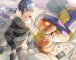  2boys aoyagi_touya bangs bed blue_hair book closed_eyes earrings grey_eyes headphones hood hooded_jacket jacket jewelry long_sleeves looking_at_viewer male_focus multicolored_hair multiple_boys object_hug offtoon12 open_clothes orange_hair pants phone pillow pillow_hug project_sekai shinonome_akito shirt short_hair sleeping smile split-color_hair tank_top two-tone_hair yaoi 