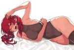  1girl :d absurdres arm_under_breasts arm_up armpits artist_name bare_arms bare_shoulders bed_sheet black_legwear black_leotard breasts fang heterochromia highres hololive houshou_marine large_breasts leotard lion_rion long_hair looking_at_viewer lying on_side open_mouth red_eyes red_hair simple_background smile solo sweat thighhighs twintails virtual_youtuber white_background wide_hips yellow_eyes 