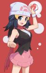  1girl :d alternate_breast_size arm_up black_hair black_shirt bracelet breasts cleavage clenched_hand commentary_request dawn_(pokemon) eyelashes grey_eyes highres holding holding_poke_ball jewelry long_hair nanina_(nijnan) open_mouth pink_skirt poke_ball poke_ball_(basic) pokemon pokemon_(game) pokemon_dppt poketch red_scarf scarf shirt skirt sleeveless sleeveless_shirt smile solo tongue watch wristwatch 