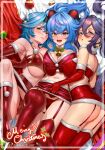  3girls ahoge aqua_eyes artist_name bell bikini blue_hair blush breasts christmas christmas_ornaments cleavage commentary crop_top curled_horns detached_collar elbow_gloves english_commentary enmanuelart20 eula_(genshin_impact) from_above ganyu_(genshin_impact) garter_straps genshin_impact gloves highres horns large_breasts long_hair looking_at_viewer lying medium_breasts medium_hair merry_christmas miniskirt mistletoe mona_(genshin_impact) multiple_girls neck_bell on_back on_side open_mouth panties parted_lips purple_hair red_eyes red_legwear red_panties santa_bikini santa_costume santa_gloves skirt swimsuit thighhighs twintails underwear yellow_eyes 