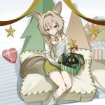  1girl absurdres animal_ear_fluff animal_ears arknights bare_shoulders beanstalk_(arknights) beanstalk_(gift_uncompleted)_(arknights) bell box braid brown_eyes brown_hair candy candy_cane christmas christmas_tree closed_mouth collarbone commentary_request dress feet_out_of_frame feizao food gift gift_box green_dress grey_sweater hair_over_shoulder heart-shaped_box highres long_hair metal_crab_(arknights) neck_bell off-shoulder_sweater off_shoulder single_braid sitting sleeveless sleeveless_dress smile socks solo star_(symbol) striped sweater tail white_legwear 