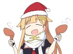  1girl black_ribbon black_serafuku blonde_hair closed_eyes hair_flaps hair_ornament hair_ribbon hairclip hat holding kantai_collection long_hair neckerchief open_mouth red_neckerchief remodel_(kantai_collection) ribbon sailor_collar santa_hat scarf school_uniform serafuku simple_background sira smile solo upper_body white_background white_sailor_collar white_scarf yuudachi_(kancolle) 