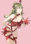  1girl ;d breasts christmas cleavage eyebrows_visible_through_hair fire_emblem fire_emblem_awakening gloves green_eyes green_hair hat medium_breasts naked_ribbon nude older one_eye_closed pink_background pointy_ears ponytail red_gloves red_headwear ribbon sakuremi santa_hat smile solo tiara tiki_(fire_emblem) wrapped_up 