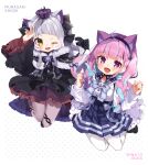  2girls ;d absurdres animal_ear_fluff animal_ears arm_up bangs black_bow black_capelet black_dress black_footwear black_ribbon blue_bow blue_bowtie blue_choker blue_hair blue_hairband blue_ribbon blue_sailor_collar blue_skirt blush bow bowtie braid breasts capelet cat_ears cat_girl cat_tail character_name choker commentary_request crown dress extra_ears fang fangs frilled_dress frilled_sailor_collar frilled_sleeves frills fur-trimmed_capelet fur_trim hair_ribbon hairband high-waist_skirt highres hololive jacket jumping large_breasts long_hair long_sleeves looking_at_viewer minato_aqua multiple_girls murasaki_shion noi_mine one_eye_closed open_clothes open_jacket pantyhose pink_hair pleated_skirt purple_eyes ribbon ribbon_choker sailor_collar shirt short_eyebrows silver_hair simple_background skin_fang skin_fangs skirt smile tail tail_bow tail_ornament tail_ribbon twin_braids twintails virtual_youtuber white_jacket white_legwear white_shirt wide_sleeves yellow_eyes 