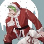  1boy achilles_(fate) christmas fate/apocrypha fate/grand_order fate_(series) fur_trim green_hair haruakira hat highres looking_at_viewer male_focus one_eye_closed open_mouth sack santa_costume santa_hat smile solo yellow_eyes 