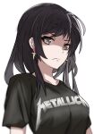  1girl black_eyes black_hair cross earrings fire_emblem fire_emblem:_thracia_776 frown grey_eyes group_name jewelry looking_at_viewer mareeta_(fire_emblem) metallica shaded_face shirt simple_background solo t-shirt thigh_high_tavi upper_body white_background 