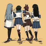  arm_on_shoulder arms_behind_back black_hair black_legwear black_ribbon blue_sailor_collar blue_skirt brown_hair brown_sailor_collar brown_skirt commentary_request dress from_behind grey_footwear hair_ribbon hatsuyuki_(kancolle) highres kantai_collection kuragare long_hair medium_hair miyuki_(kancolle) murakumo_(kancolle) orange_background pantyhose pleated_skirt ponytail red_ribbon ribbon sailor_collar sailor_dress school_uniform serafuku shikinami_(kancolle) shirt sidelocks silver_hair skirt tress_ribbon white_dress white_shirt 