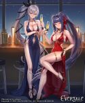  2girls arm_under_breasts bare_legs bare_shoulders blue_dress breasts champagne_flute clarice_(evertale) cleavage clothing_cutout commentary_request cuboon cup dress drinking_glass evertale green_eyes high_heels highres large_breasts looking_at_viewer ludmilla multiple_girls navel navel_cutout official_art ponytail purple_hair red_dress red_eyes side_slit sitting standing thighs white_hair 