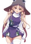  1girl animal_print bangs blonde_hair darumoon frog_print hat highres long_sleeves medium_hair moriya_suwako parted_bangs purple_skirt purple_vest pyonta shirt skirt skirt_set sleeves_past_wrists thighhighs touhou turtleneck v vest white_legwear white_shirt wide_sleeves yellow_eyes 