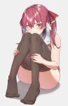  1girl ass covering_mouth hair_ribbon highres hololive houshou_marine hugging_own_legs knees_to_chest looking_at_viewer medium_hair no_shoes open_mouth red_hair reulem ribbon simple_background sitting solo thighhighs thighs twintails virtual_youtuber white_background 