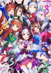  6+girls :d ;d animal_ears arms_up black_legwear blue_eyes brown_eyes brown_hair clenched_teeth daiwa_scarlet_(umamusume) double_v ear_ribbon eyebrows_visible_through_hair gloves gold_ship_(umamusume) hairband highres horse_ears horse_girl horse_tail long_hair looking_at_viewer mejiro_mcqueen_(umamusume) mika_pikazo multicolored_hair multiple_girls one_eye_closed orange_hair pantyhose pink_eyes purple_eyes purple_hair red_eyes short_hair silence_suzuka_(umamusume) smile special_week_(umamusume) streaked_hair tail teeth thighhighs thighs tiara tokai_teio_(umamusume) two-tone_hair umamusume upper_teeth v vodka_(umamusume) white_gloves white_hair white_hairband white_legwear 