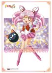  1990s_(style) 1994 1girl ;d absurdres bangs bishoujo_senshi_sailor_moon boots character_name chibi_usa double_bun earrings elbow_gloves framed full_body gloves hand_on_hip happy highres jewelry knee_boots leotard logo looking_at_viewer luna-p magical_girl miniskirt official_art one_eye_closed open_mouth pink_footwear pink_hair pink_skirt pleated_skirt red_eyes retro_artstyle sailor_chibi_moon sailor_senshi sailor_senshi_uniform scan skirt smile solo stud_earrings twintails v 