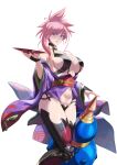  1girl absurdres bangs bare_shoulders blue_eyes blush breasts cleavage collarbone cosplay eyebrows_visible_through_hair fate/grand_order fate_(series) highres japanese_clothes kimono large_breasts long_hair long_sleeves looking_at_viewer miyamoto_musashi_(fate) navel pink_hair ponytail purple_kimono revealing_clothes shuten_douji_(fate) shuten_douji_(fate)_(cosplay) swept_bangs thighs torahime_(roland00) wide_sleeves 