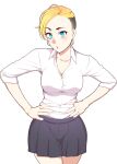  1girl black_skirt blonde_hair blue_eyes breasts commentary_request dekapoi earrings eyelashes jewelry large_breasts looking_at_viewer original shirt short_hair simple_background skirt solo standing undercut white_background white_shirt 