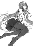  1girl arm_support bangs black_legwear breasts eyebrows_visible_through_hair greyscale hairband highres kasumigaoka_utaha long_hair long_sleeves monochrome pantyhose parted_lips saenai_heroine_no_sodatekata school_uniform simple_background skirt solo white_background zhuxiao517 