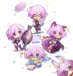  absurdres animal_ears armor bag bakkanda bodysuit closed_eyes cosplay fake_animal_ears fake_tail fate/grand_order fate_(series) fou_(fate) fou_(fate)_(cosplay) glasses handbag highres holding holding_shield holding_weapon hood hoodie mash_kyrielight mash_kyrielight_(dangerous_beast) mash_kyrielight_(senpai_killer_outfit) open_mouth purple_eyes purple_hair purple_legwear ribbon shield simple_background skirt smile tail thighhighs weapon white_background 