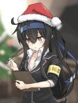  1girl black_hair black_jacket blazer blue_headband blurry blurry_background christmas_tree commentary_request fur-trimmed_headwear fur_trim hat hatsushimo_(kancolle) headband highres jacket kantai_collection long_hair low-tied_long_hair quill red_eyes remodel_(kantai_collection) santa_hat solo umino_ht upper_body 