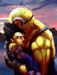  2boys absurdres black_hair blue_bodysuit bodko_(comradebodko) bodysuit carrying closed_eyes closed_mouth colored_skin commentary commission crossover crying cyclops despicable_me dragon_ball dragon_ball_z english_commentary feet_out_of_frame gloves goggles highres hug male_focus minion_(despicable_me) multiple_boys muscular muscular_male one-eyed princess_carry saiyan_armor short_hair signature spiked_hair vegeta what white_gloves yaoi yellow_skin 