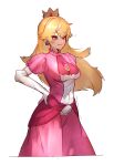  1girl absurdres bangs blonde_hair closed_mouth cropped_legs crown dress earrings elbow_gloves eyebrows_visible_through_hair gloves hand_on_hip highres jewelry long_hair mario_(series) pink_dress princess_peach shiburingaru simple_background smile solo symbol-only_commentary white_background white_gloves 