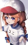  1girl absurdres baseball_cap blurry blurry_foreground blush bow braid clothes_writing commentary_request hair_bow hat highres hinamayo long_sleeves looking_at_viewer open_mouth orange_hair princess_connect! purple_eyes shirt_grab sidelocks solo twin_braids upper_body yuni_(princess_connect!) 