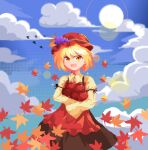  1girl aki_minoriko apple apron artist_name autumn_leaves blonde_hair blush brown_skirt cloud commentary_request fog._(pixiv26875950) food fruit grape_hat_ornament hair_ornament hat holding holding_food holding_fruit open_mouth pixel_art red_apron shirt short_hair skirt sky smile solo sun touhou waist_apron yellow_eyes yellow_shirt 