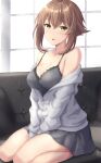  1girl blush breasts brown_hair cleavage collarbone couch dress green_eyes grey_jacket grey_skirt highres indoors jacket jacket_on_shoulders kantai_collection large_breasts looking_at_viewer monoku mutsu_(kancolle) on_couch open_mouth short_hair sitting skirt solo underwear 