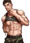  1boy abs bara camouflage camouflage_pants clothes_lift dog_tags greenteaa highres jewelry large_pectorals male_focus mature_male middle_finger muscular muscular_male navel necklace original pants pectorals shirt_lift short_hair solo spiked_hair tank_top thick_eyebrows underpec 
