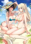  2girls adjusting_clothes adjusting_headwear alternate_hairstyle arm_support ass atago_(kancolle) bangs bare_shoulders barefoot beach bikini black_hair blonde_hair blush bracelet braid breasts butt_crack cloud collarbone commentary_request day eating eyebrows_visible_through_hair fern fingernails food french_braid hair_ornament hair_ribbon hat hayakawa_akari highres holding holding_food innertube jewelry kantai_collection large_breasts licking long_hair looking_at_viewer medium_hair mouth_hold multiple_girls navel outdoors palm_tree ponytail popsicle ribbon side-tie_bikini sidelocks sitting skindentation sky stomach sun_hat sweat swimsuit takao_(kancolle) thighs tongue tongue_out tree wariza water 