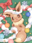  1girl :3 :d brown_eyes christmas commentary eevee full_body fur_trim kana_(maple926) lying no_humans on_back open_mouth ornament pokemon pokemon_(creature) red_ribbon ribbon smile snowflakes star_(symbol) toes 