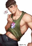  1boy bara green_tank_top greenteaa highres looking_at_viewer male_focus mature_male muscular muscular_male nipples open_mouth original pants pectorals short_hair sidepec smile solo spiked_hair sweatpants tank_top thick_eyebrows 