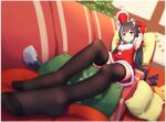  1girl animal_ears armpits arms_up bangs black_hair black_legwear blurry blurry_background blurry_foreground breasts cat_ears cat_tail christmas depth_of_field detached_sleeves fur_trim green_eyes highres indoors karyl_(princess_connect!) langbazi long_hair looking_at_viewer low_twintails lying multicolored_hair panties princess_connect! santa_dress small_breasts solo streaked_hair striped striped_panties tail thighhighs twintails underwear 