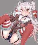  1girl amatsukaze_(kancolle) black_panties blush brown_dress cameltoe choker dress fang garter_straps gloves grey_hair hair_tubes hairband highres innertube kantai_collection long_hair neckerchief open_mouth panties red_legwear solo spread_legs striped striped_legwear tamayan thighhighs trefoil twintails twitter_username underwear white_gloves yellow_eyes 