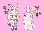  1girl 1other :3 ? animal_ears blue_eyes blush bow bowtie charisuke commentary_request crossover eyebrows_visible_through_hair fur_collar hand_on_own_face kemono_friends mountain_hare_(kemono_friends) pink_background pink_bow pink_bowtie rabbid rabbit_ears raving_rabbids red_eyes staring 