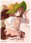  1girl :3 animal_ears artist_name bangs brown_eyes brown_hair closed_mouth dress futatsuiwa_mamizou glasses hand_on_hip highres holding holding_pipe kappce kiseru leaf leaf_on_head looking_at_viewer pink_background pink_dress pipe raccoon_ears raccoon_tail short_hair short_sleeves simple_background solo tail touhou 